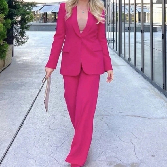 Zara Jackets & Blazers - Zara Co-ord Set tuxedo collar blazer + Pants Zw Collection neon fuschia sz M NWT